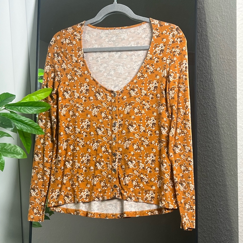 American Eagle -  Mustard Yellow Floral Long Sleeve Top